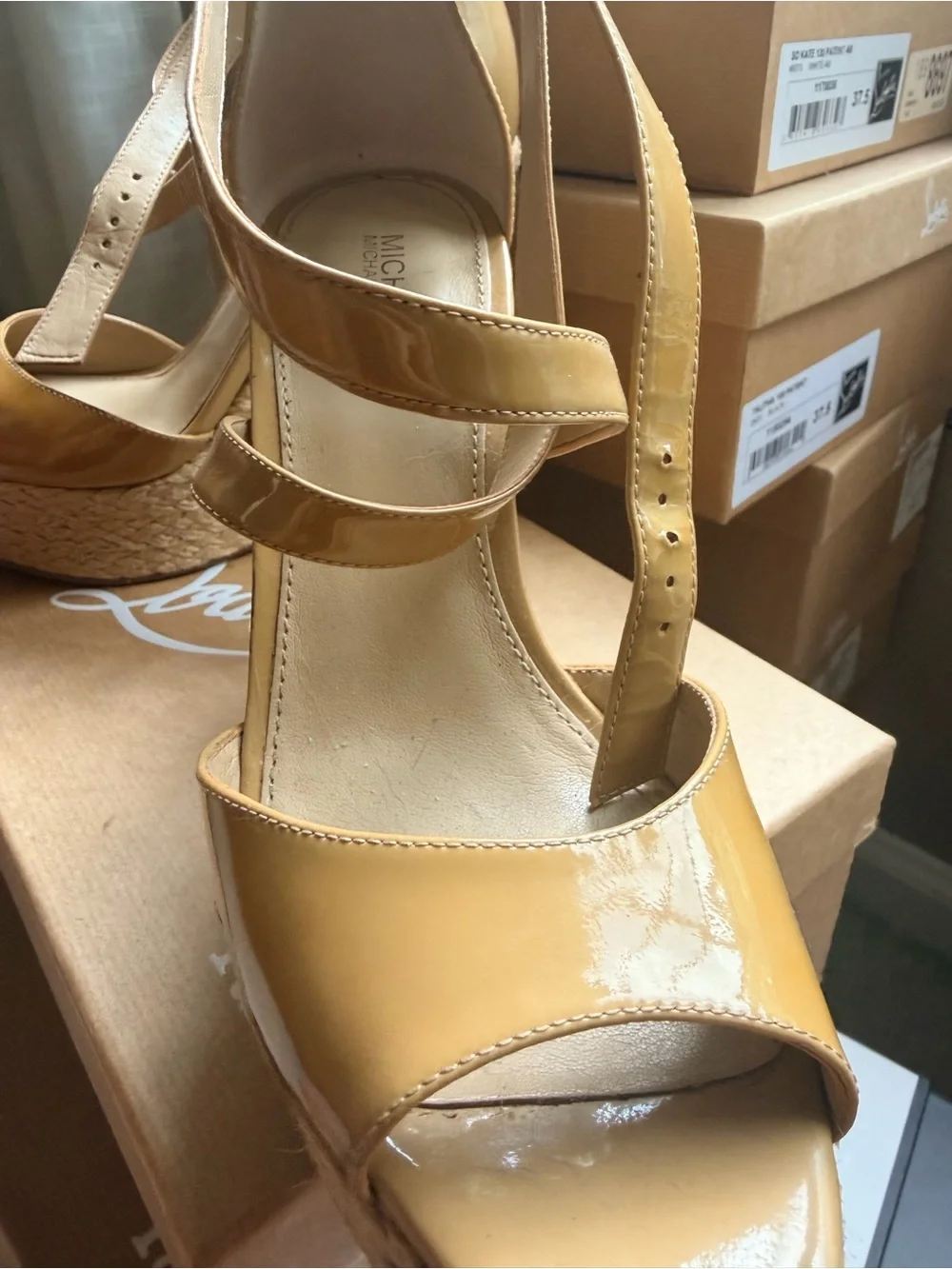 Michael Kors Patent Leather Espadrille Wedge Sandals in Mustard Tan.